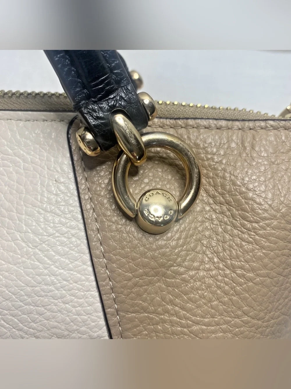 Coach Tri-Tone Leather Satchel - Cream, Tan & Navy
